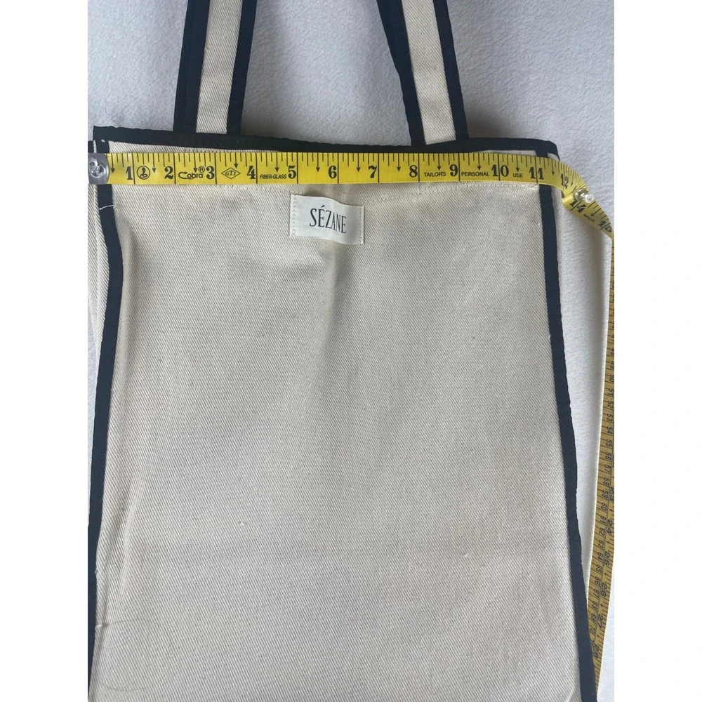 Sezane Canvas Tote Bag Cream Ecru Black Contrast Trim Oversized Shopper Bag